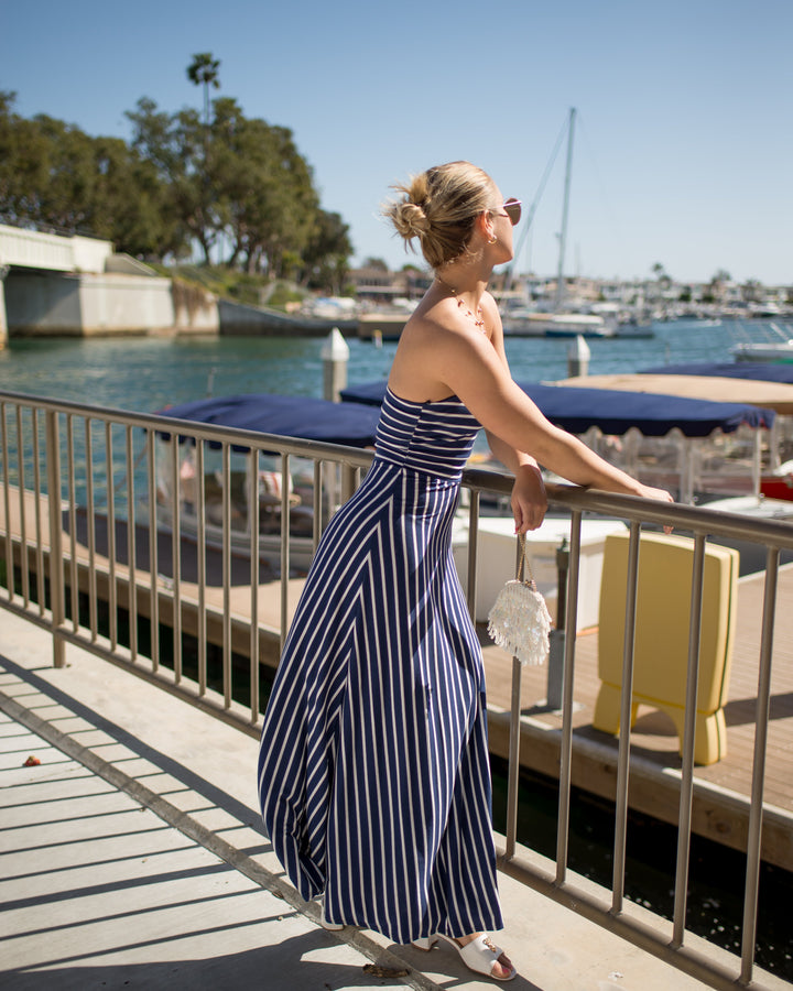 Image of West K Jones Striped Tube Maxi Dress Navy Stripe