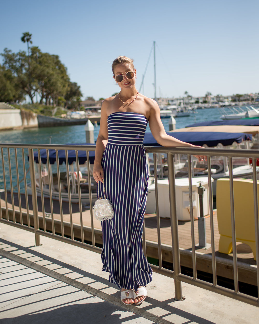 Image of West K Jones Striped Tube Maxi Dress Navy Stripe