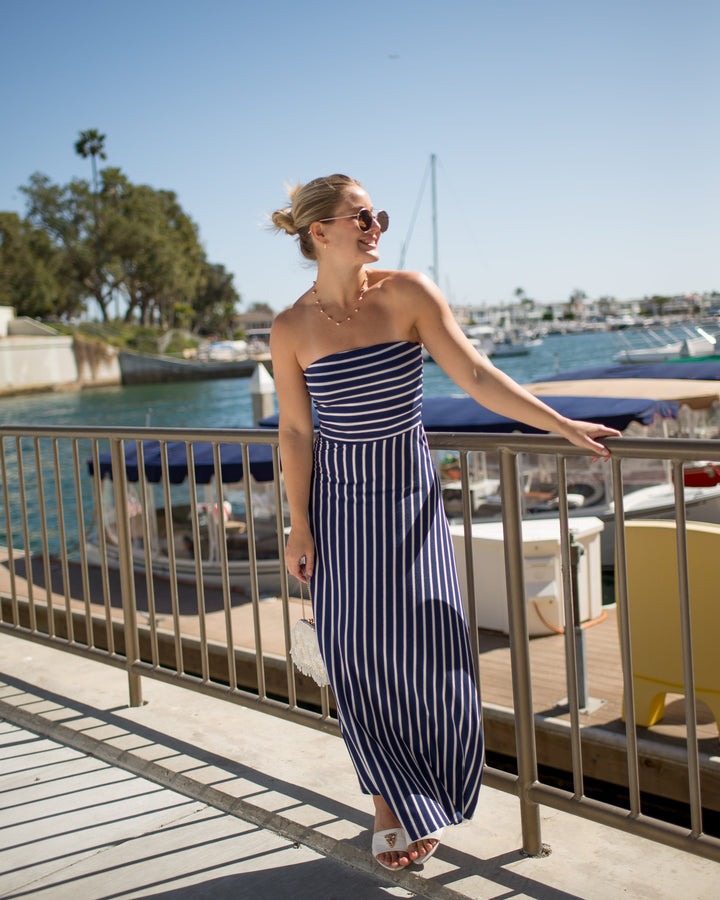 Image of West K Jones Striped Tube Maxi Dress Navy Stripe