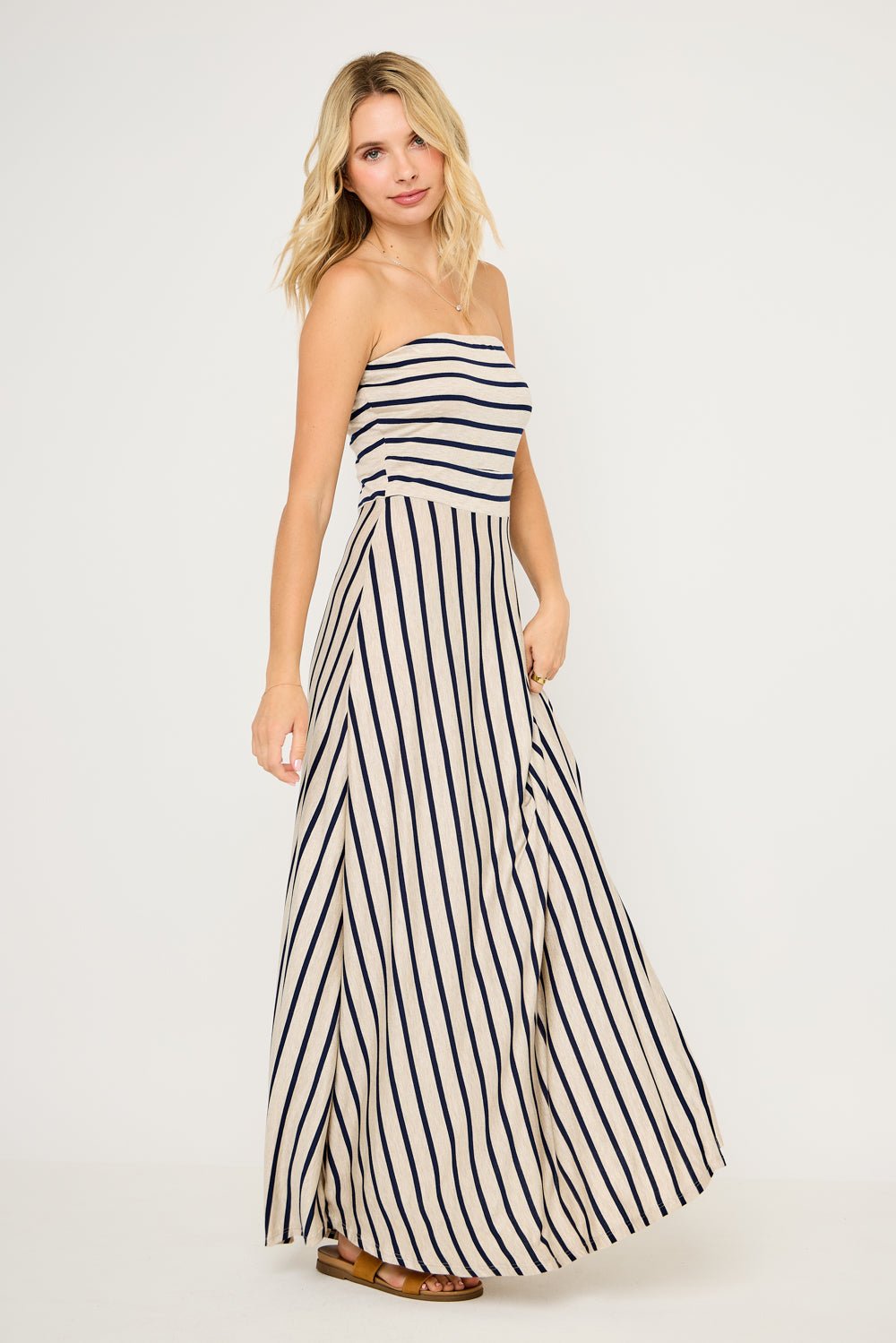 Image of West K Jones Striped Tube Maxi Dress Oatmeal Navy Stripe