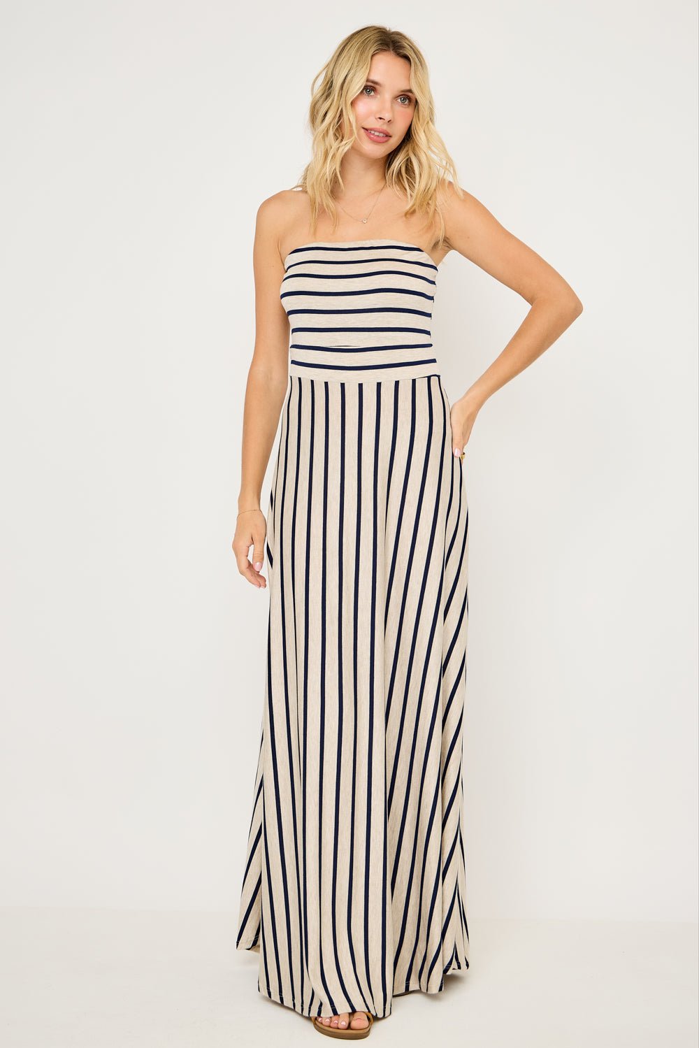 Image of West K Jones Striped Tube Maxi Dress Oatmeal Navy Stripe