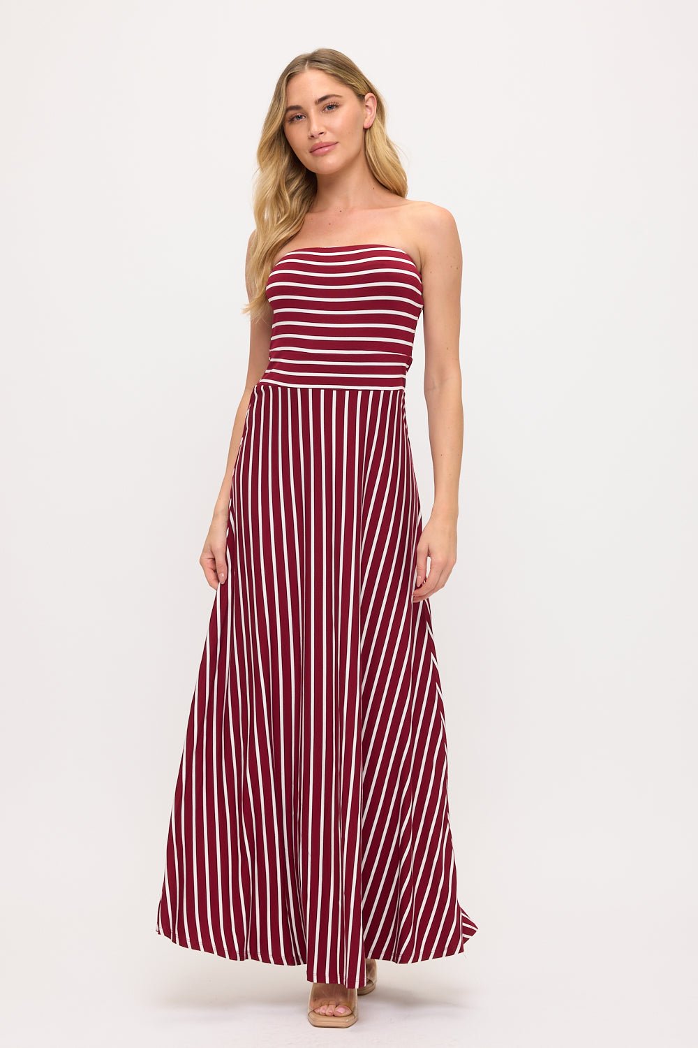 Image of West K Jones Striped Tube Maxi Dress Wine Stripe