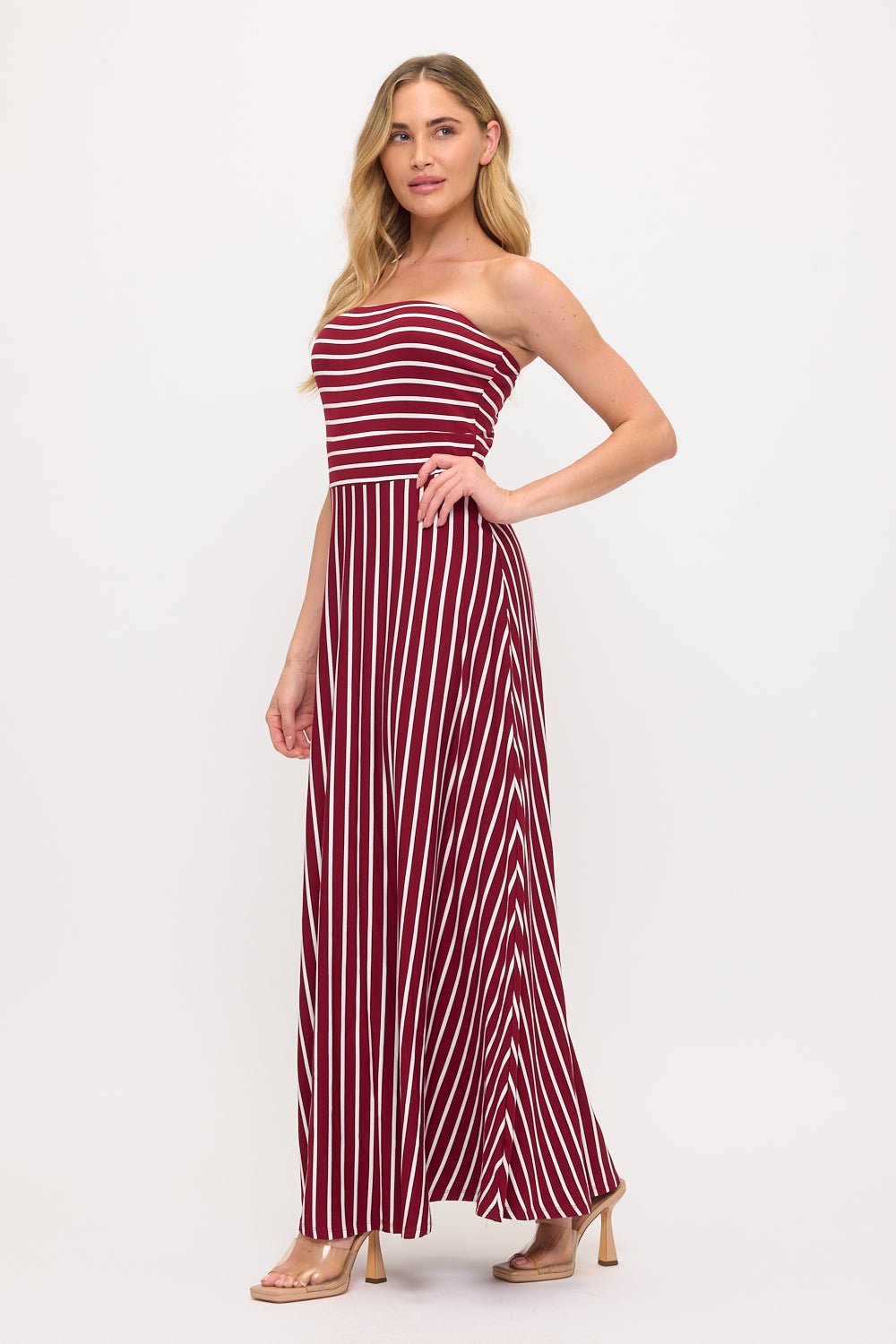Image of West K Jones Striped Tube Maxi Dress Wine Stripe