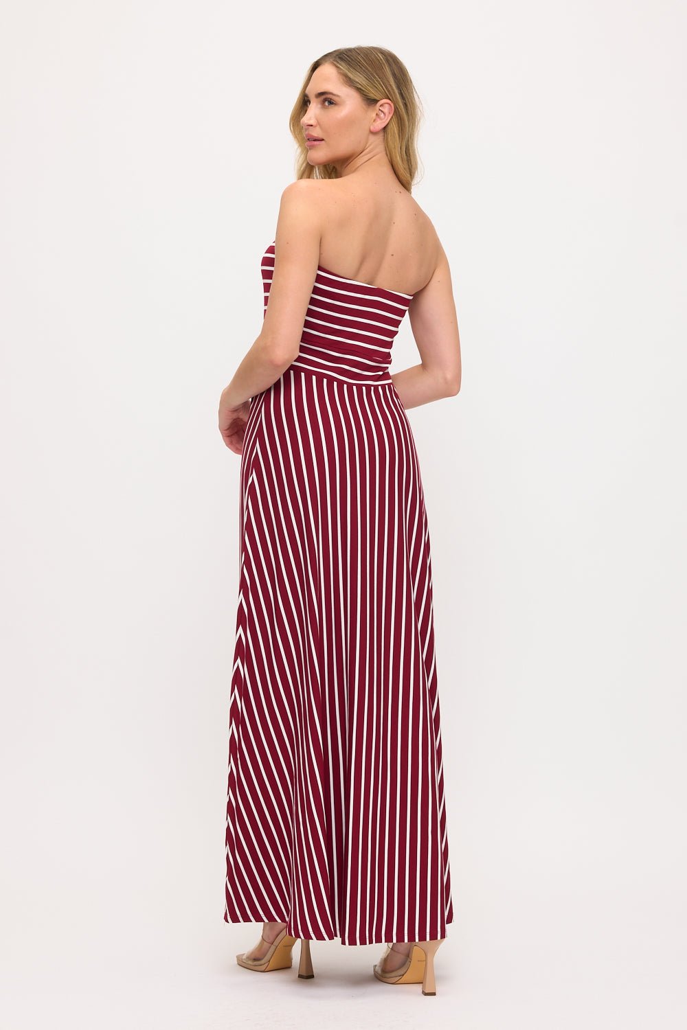 Image of West K Jones Striped Tube Maxi Dress Wine Stripe