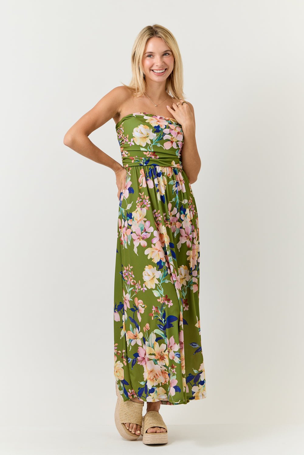 Image of West K Jones Tube Maxi Dress Army Green Pink Floral