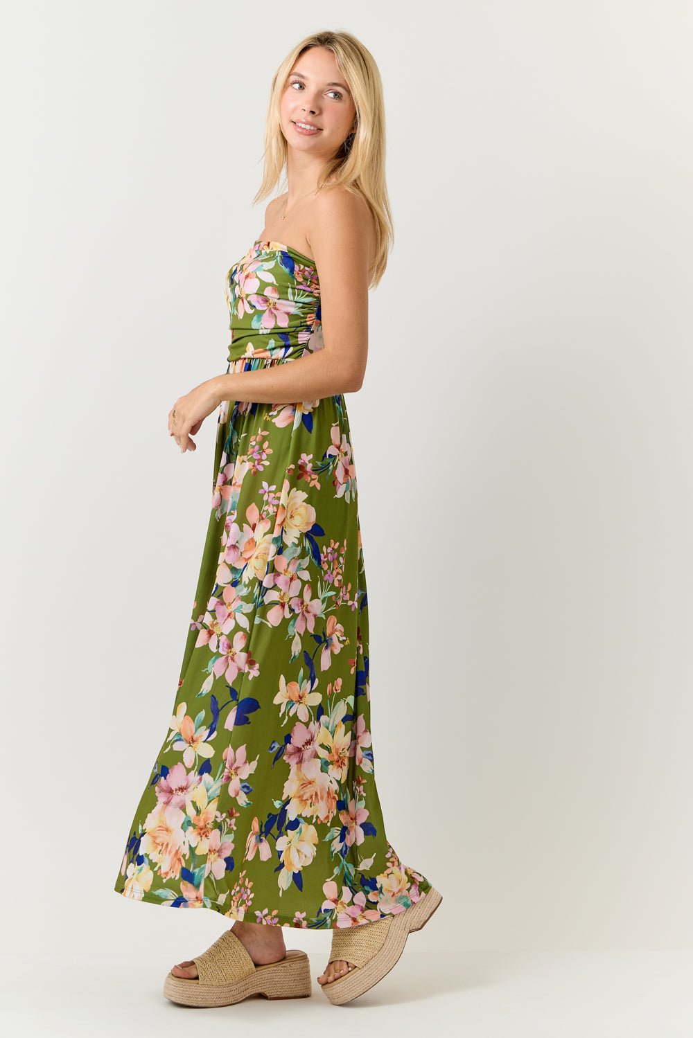 Image of West K Jones Tube Maxi Dress Army Green Pink Floral