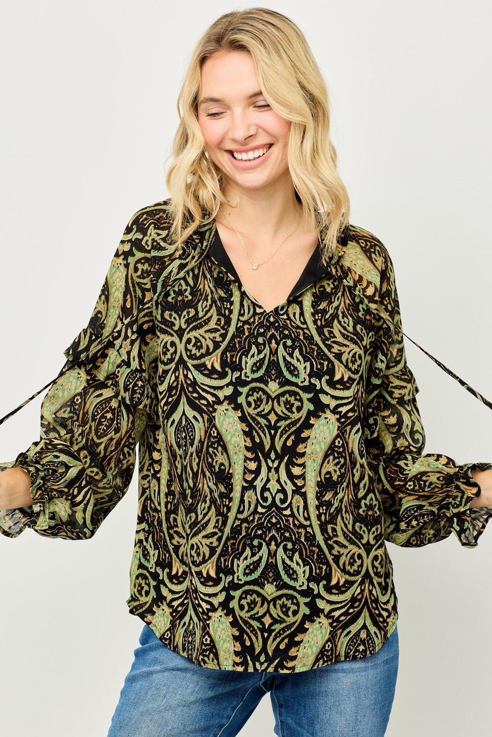 Image of West K Jovienne Ruffle Sleeve Chiffon Top Olive Black Paisley