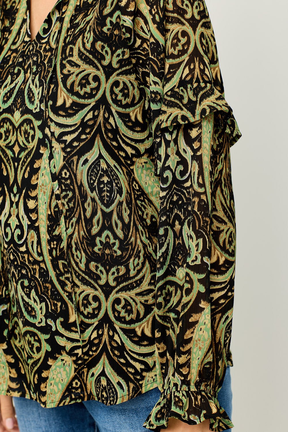 Image of West K Jovienne Ruffle Sleeve Chiffon Top Olive Black Paisley