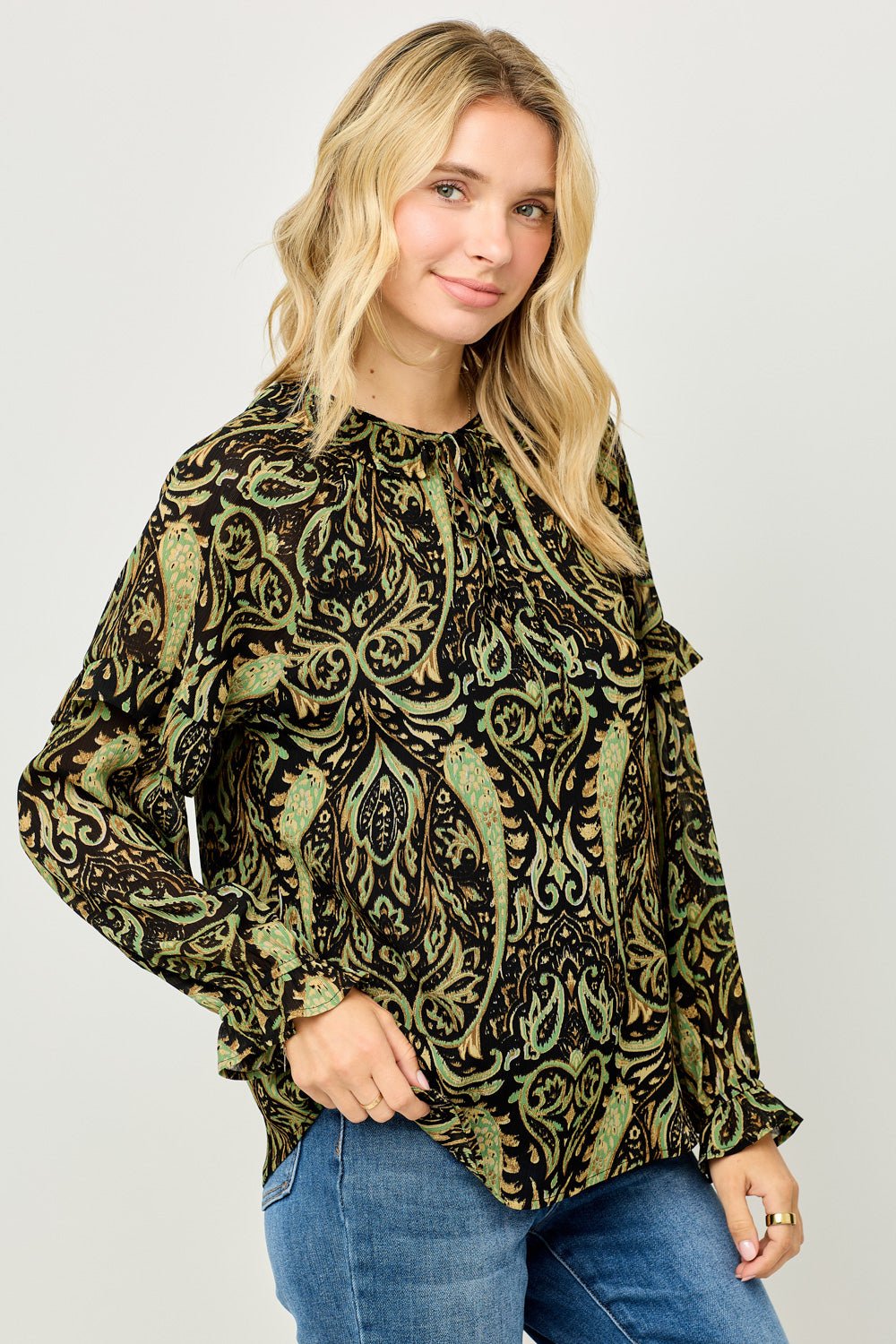 Image of West K Jovienne Ruffle Sleeve Chiffon Top Olive Black Paisley