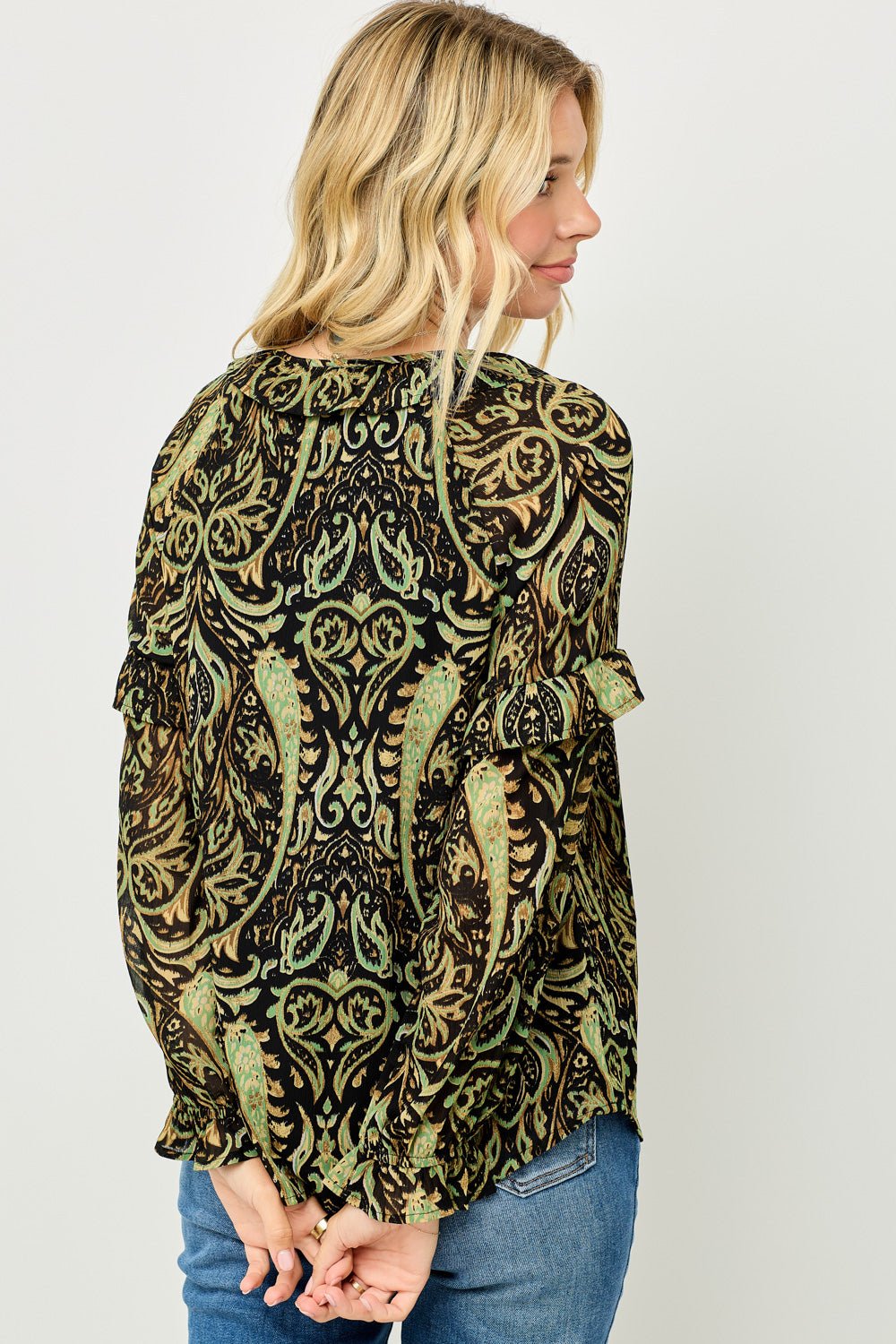 Image of West K Jovienne Ruffle Sleeve Chiffon Top Olive Black Paisley