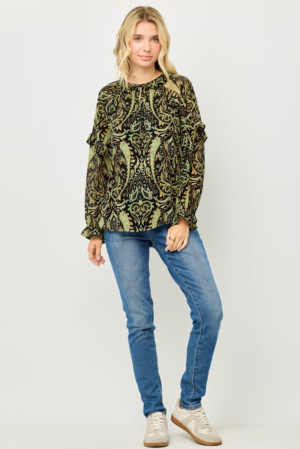 Image of West K Jovienne Ruffle Sleeve Chiffon Top Olive Black Paisley