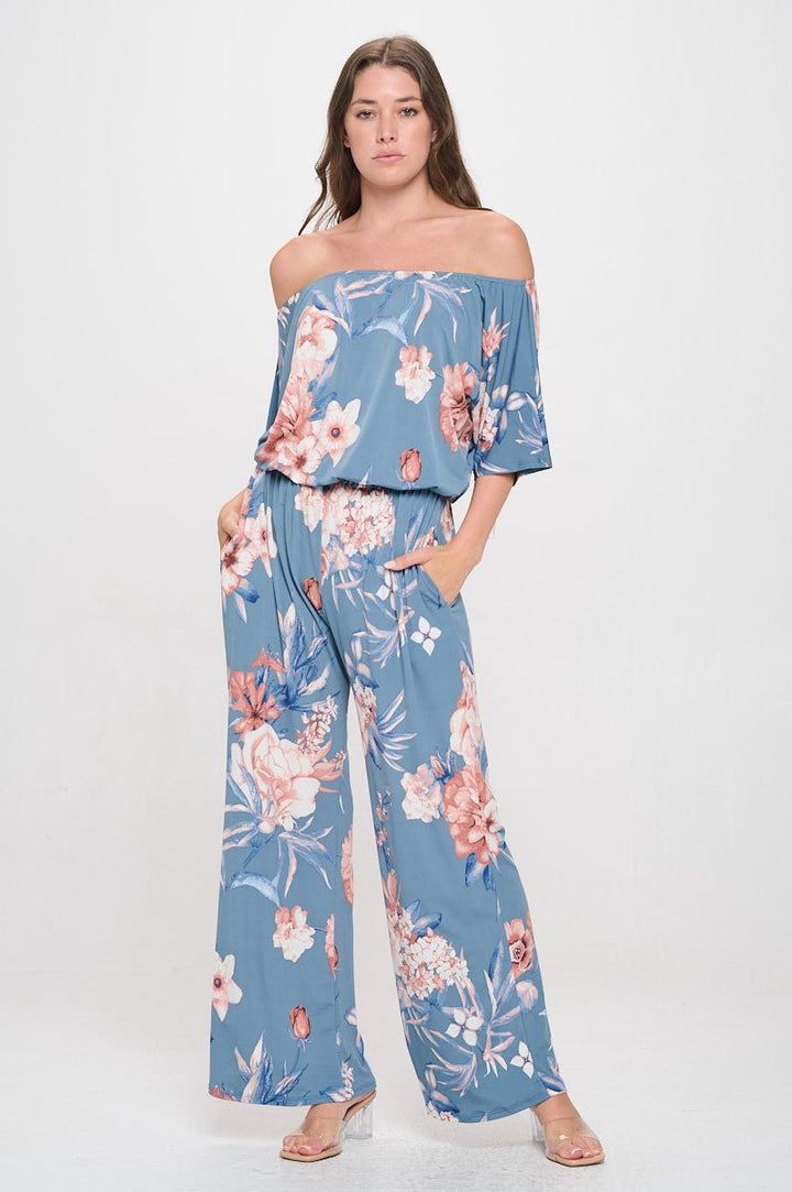 Image of West K Joy Off The Shoulder Wide Leg Jumpsuit Blue Pink Floral