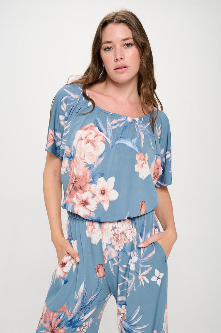 Image of West K Joy Off The Shoulder Wide Leg Jumpsuit Blue Pink Floral