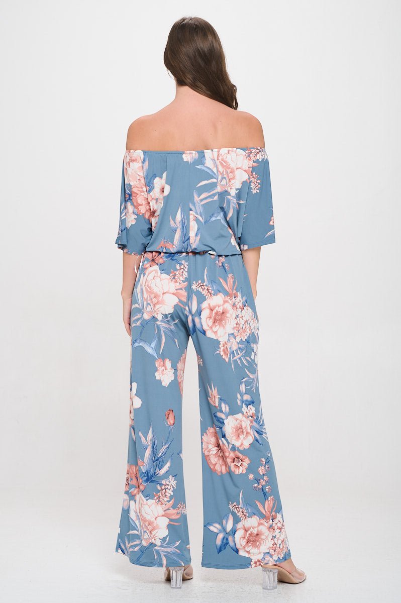 Image of West K Joy Off The Shoulder Wide Leg Jumpsuit Blue Pink Floral