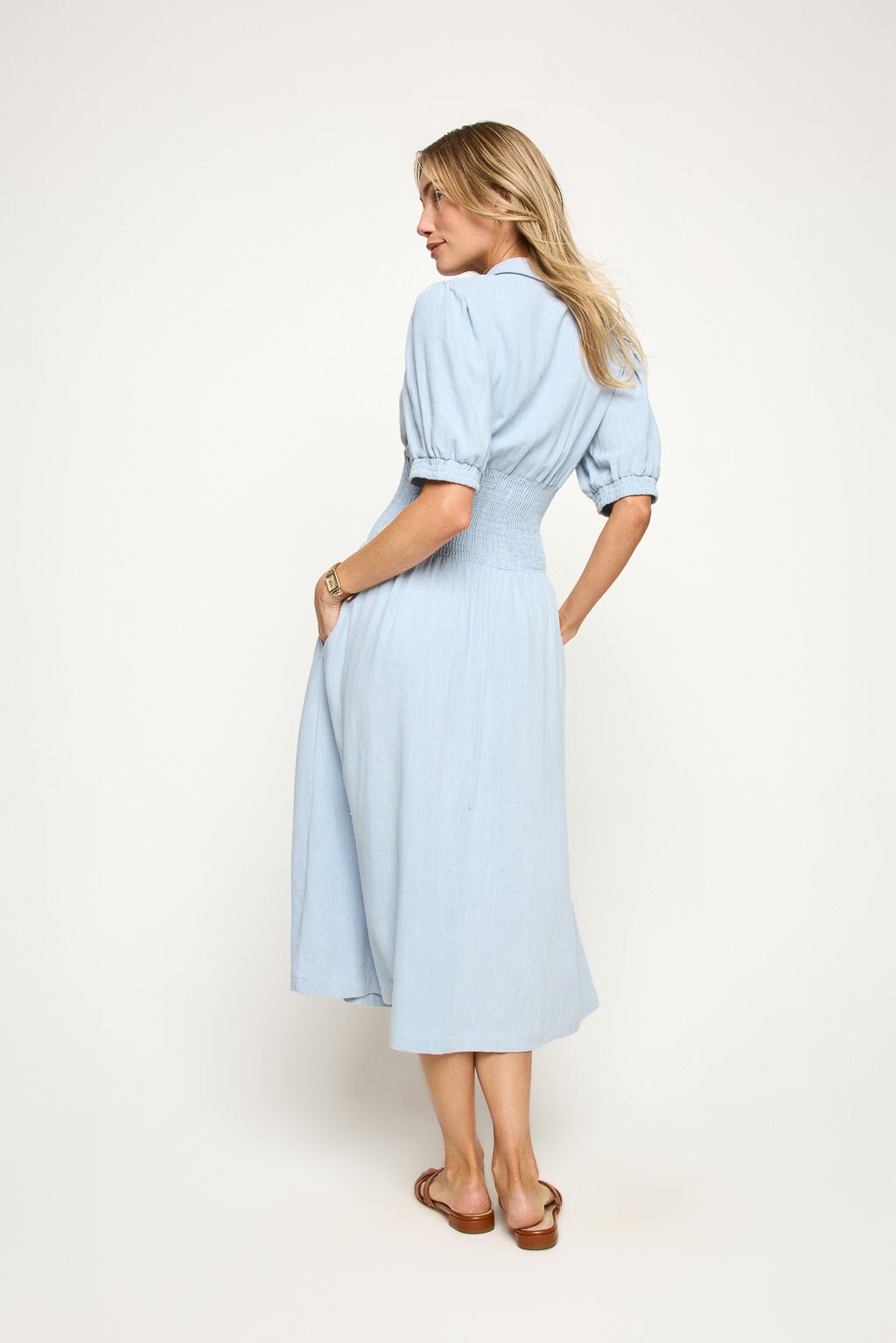 Image of West K Julia Smocked Midi Dress with Collar Lt Denim