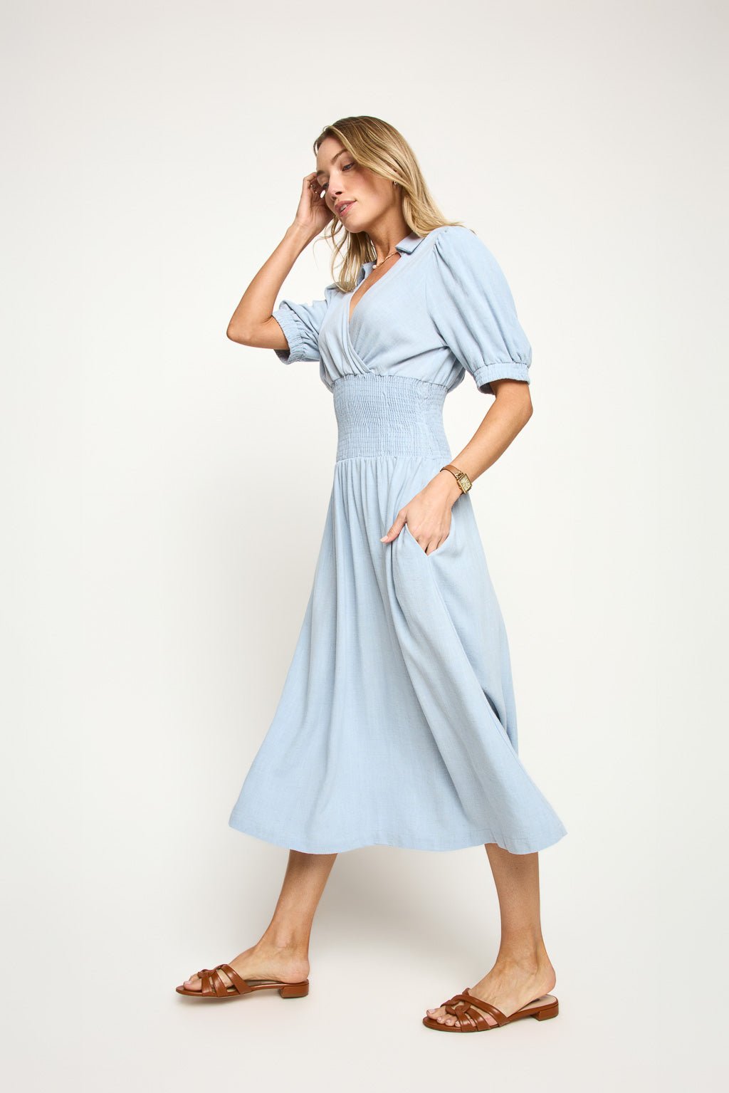 Image of West K Julia Smocked Midi Dress with Collar Lt Denim