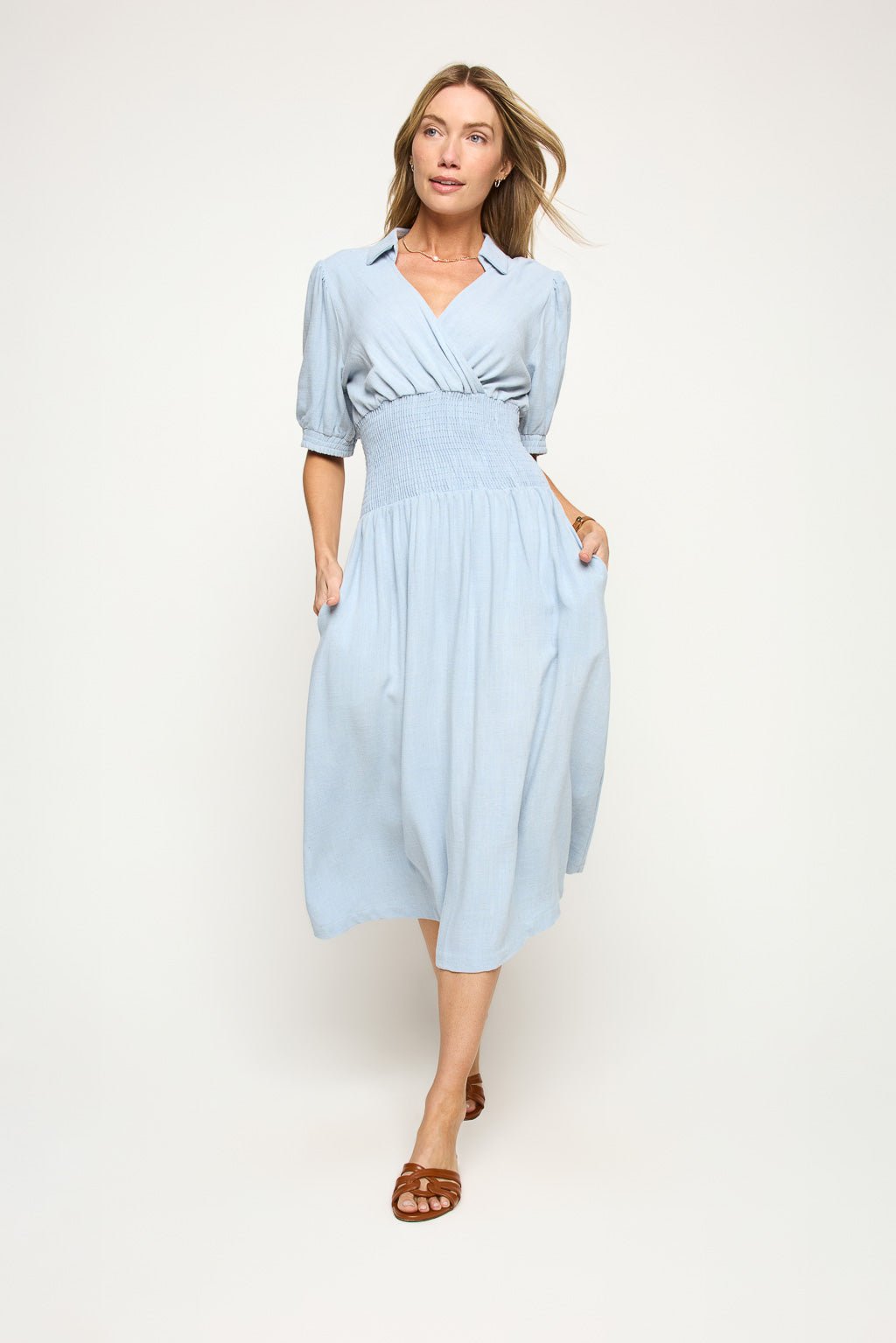 Image of West K Julia Smocked Midi Dress with Collar Lt Denim