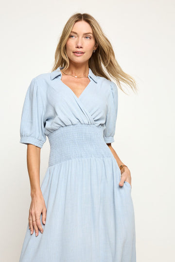 Image of West K Julia Smocked Midi Dress with Collar Lt Denim