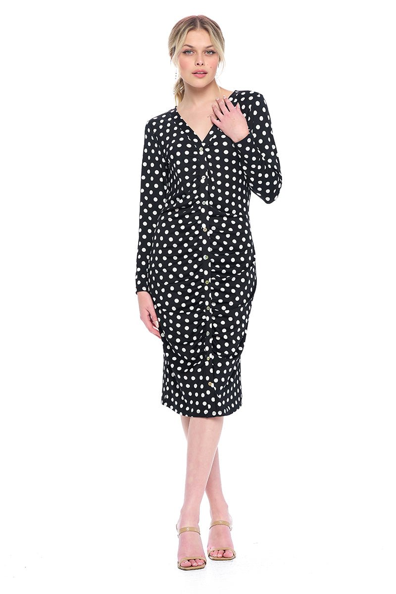 Image of West K Juliette Long sleeve Faux Buttom Midi Dress Black White Dot