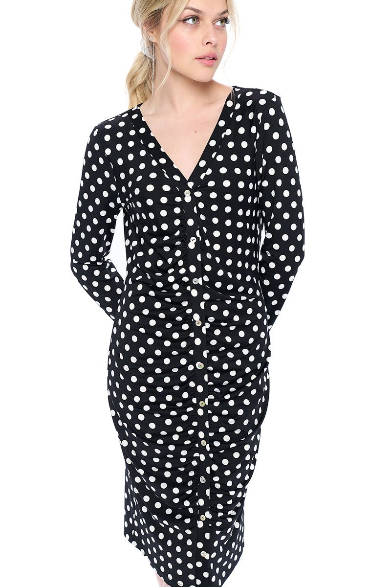 Image of West K Juliette Long sleeve Faux Buttom Midi Dress Black White Dot