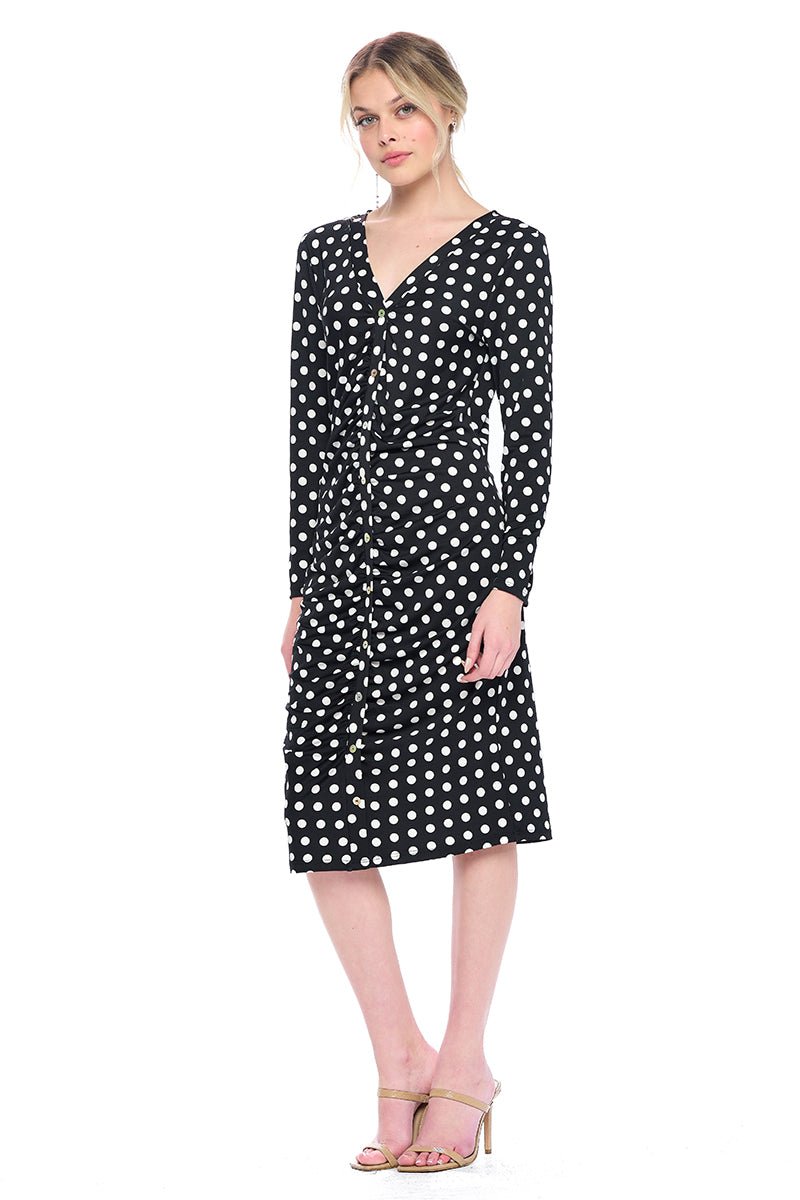 Image of West K Juliette Long sleeve Faux Buttom Midi Dress Black White Dot