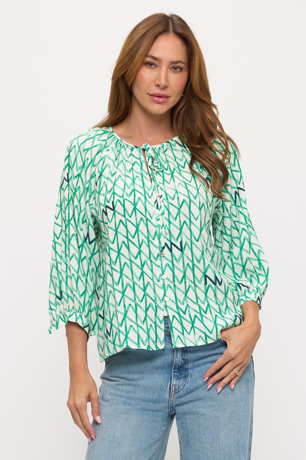 Image of West K Juno Three Quarter Sleeve Button Down Top Green White