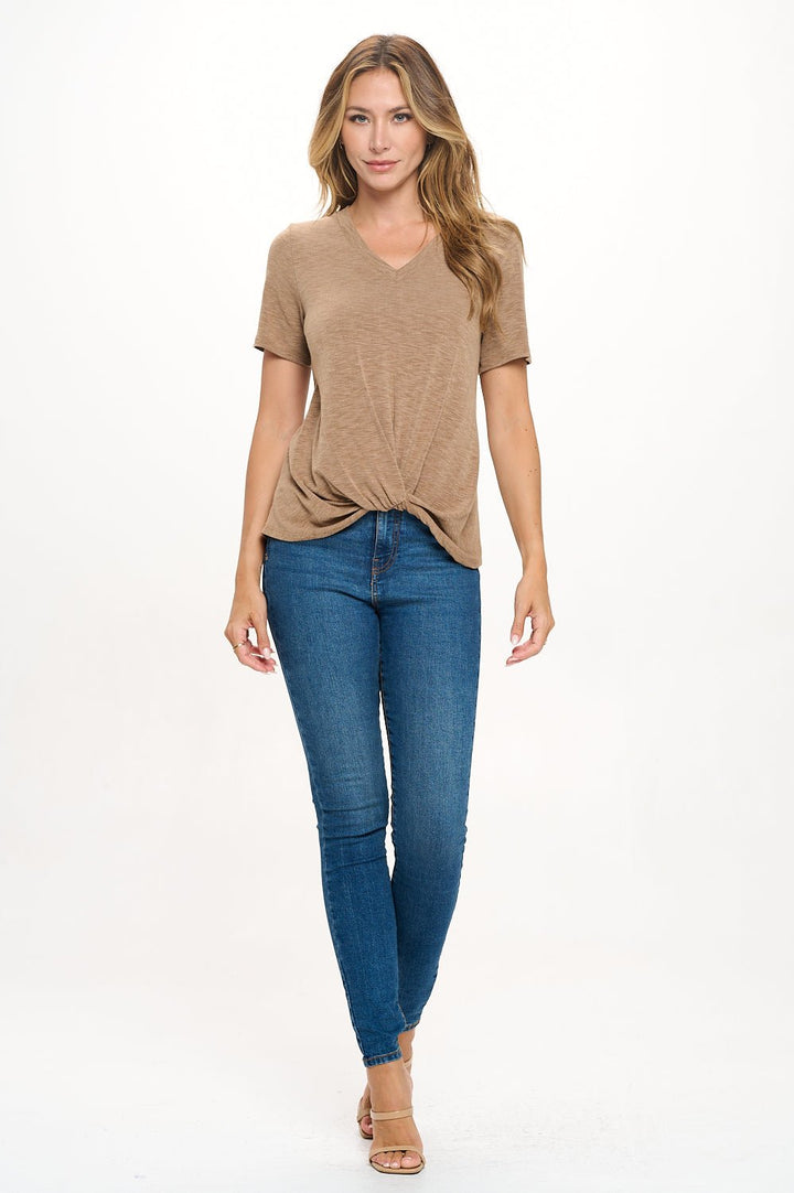 Image of West K Kaia Short Sleeve Twisted Knot V - Neck Slub Top Mocha