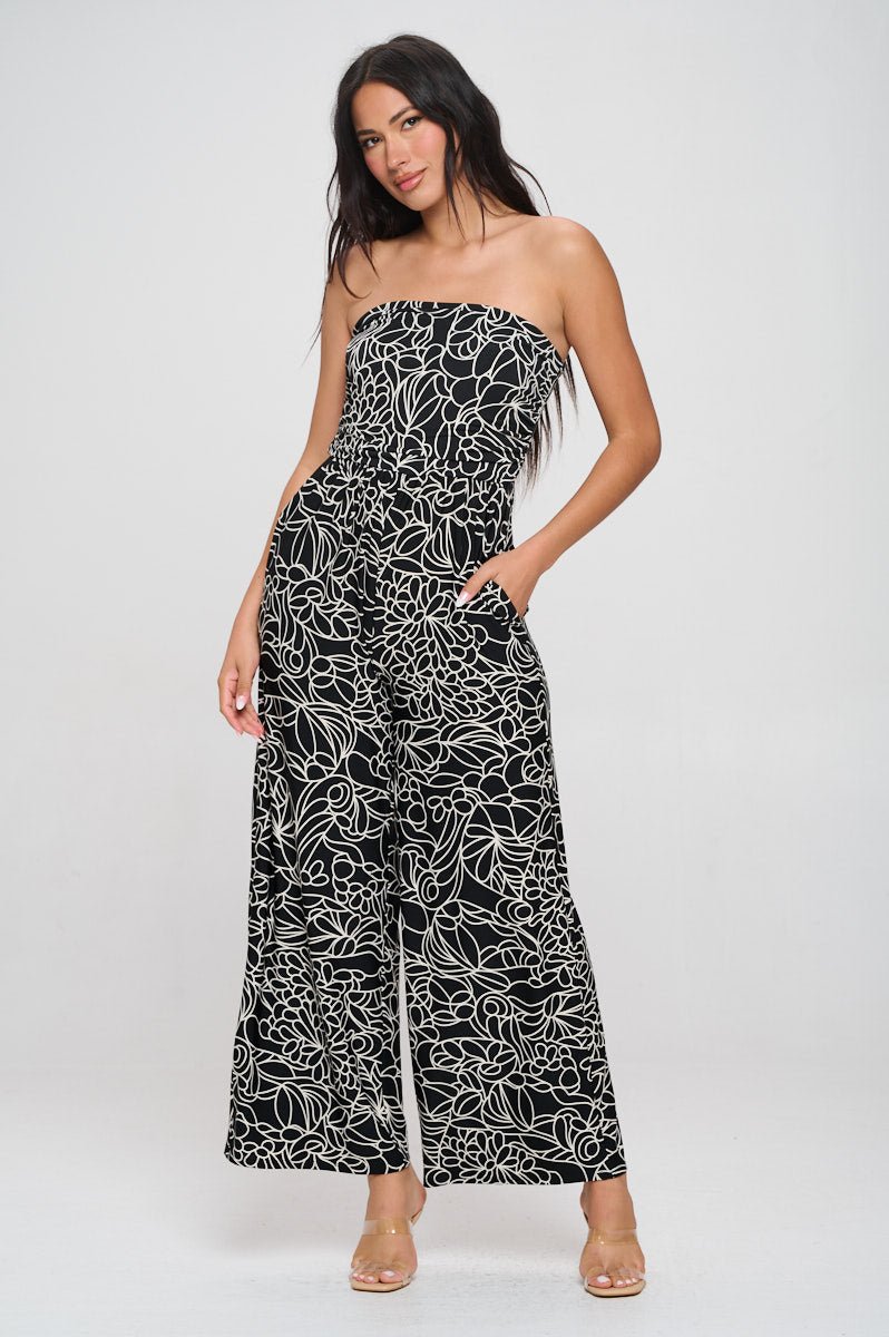 Image of West K Kara Strapless Knit Jumpsuit Black Mono Floral