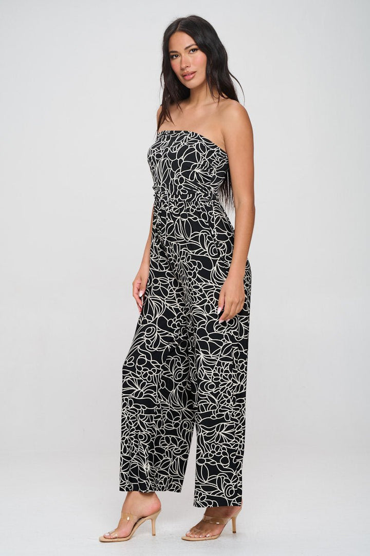 Image of West K Kara Strapless Knit Jumpsuit Black Mono Floral