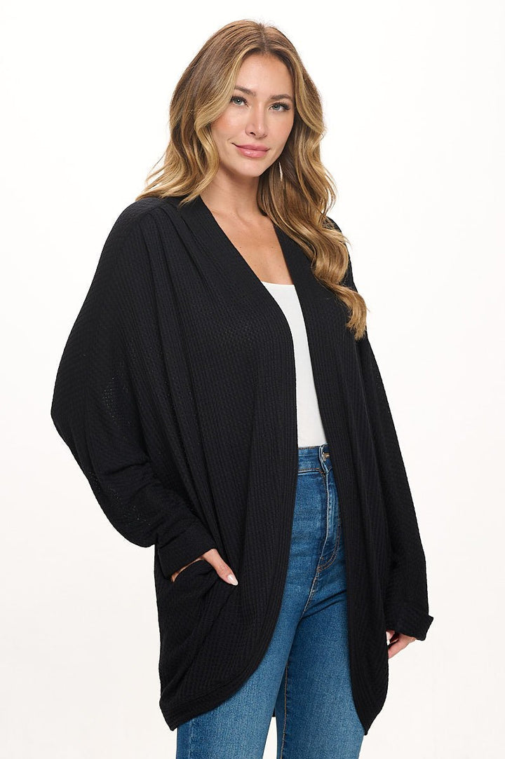 Image of West K Karla Long Oversized Waffle Knit Cardigan with Pockets Black