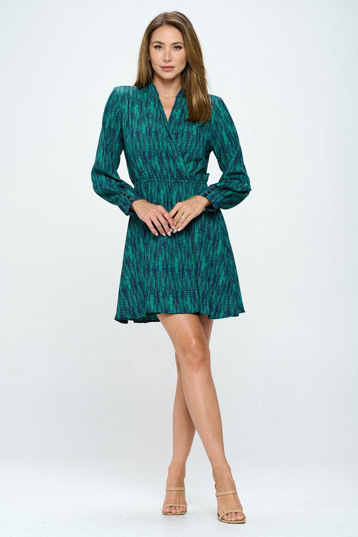 Image of West K Kate Long Sleeve Shirt Dress Mini Green Teal Abstract