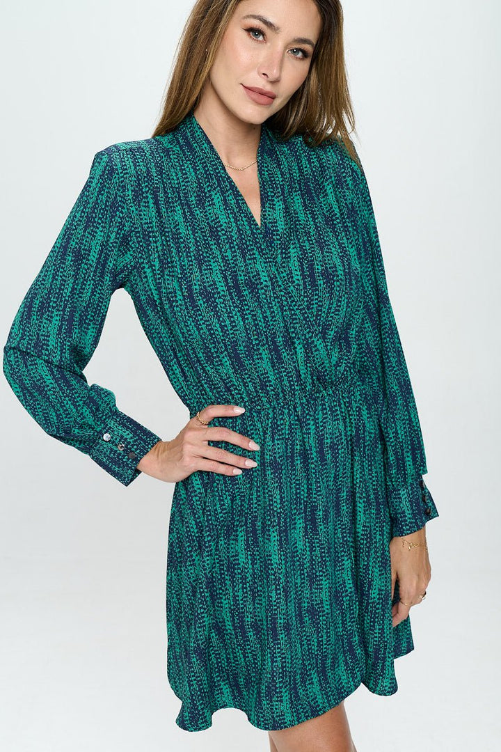 Image of West K Kate Long Sleeve Shirt Dress Mini Green Teal Abstract