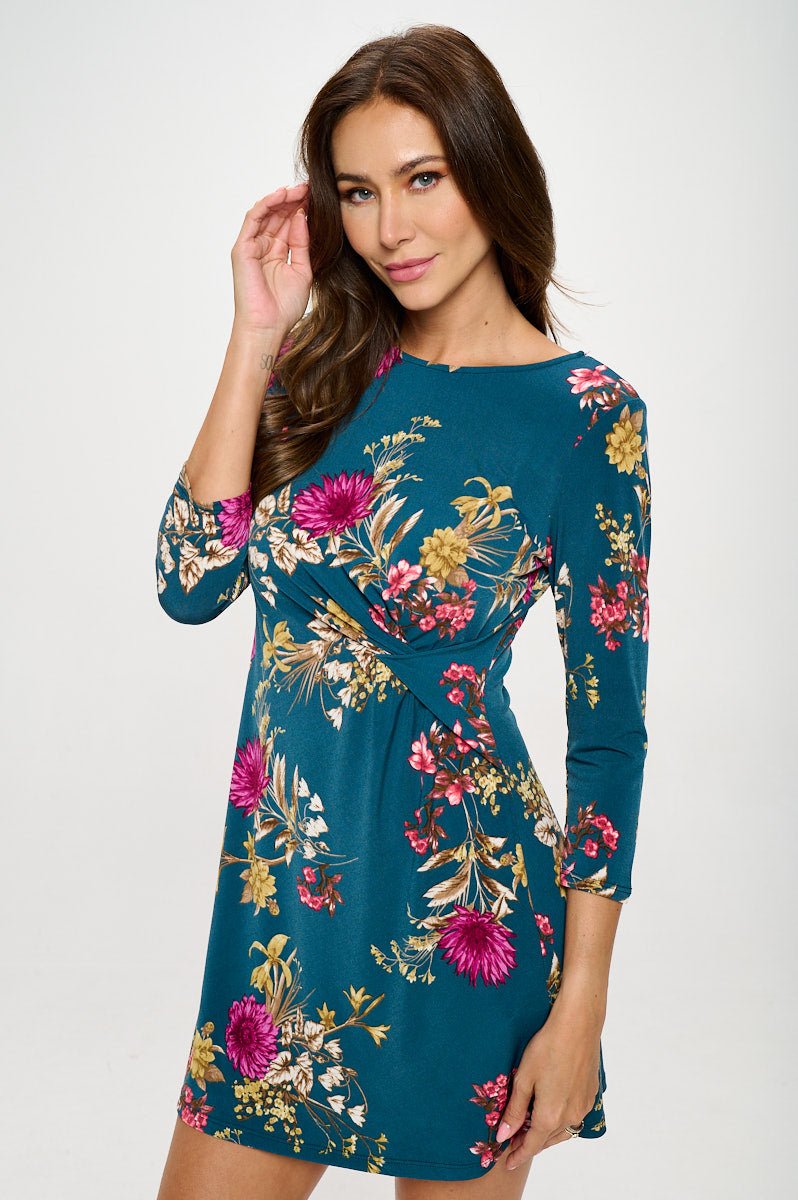 Image of West K Kelsey Side Ruched Dress Teal Floral