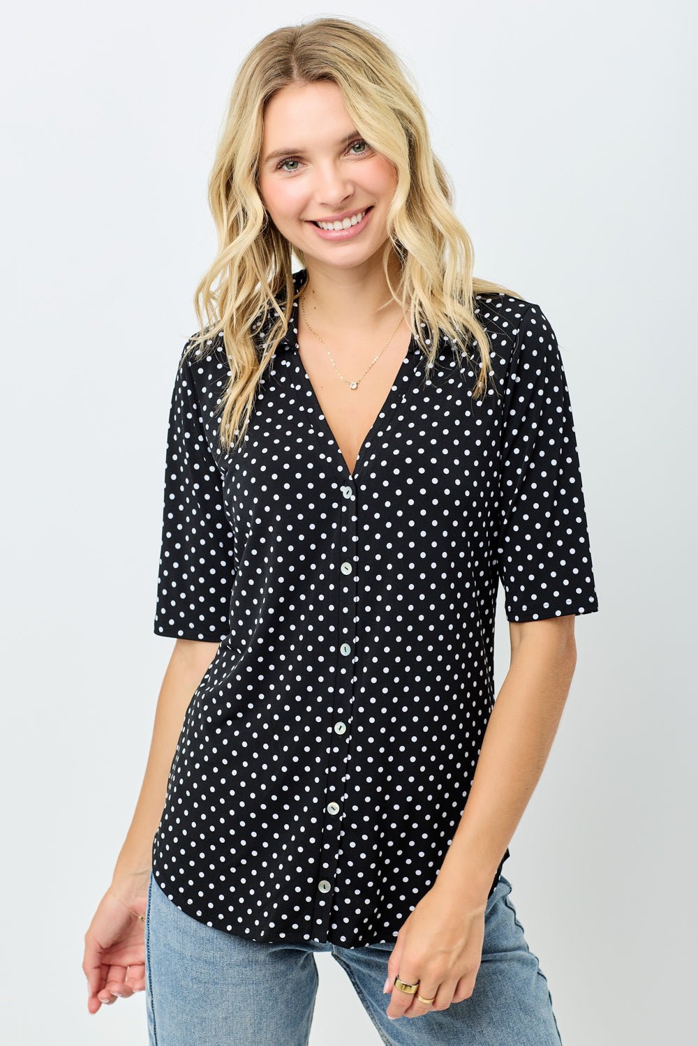 Image of West K Knit Button Front Collared Blouse Black Dot