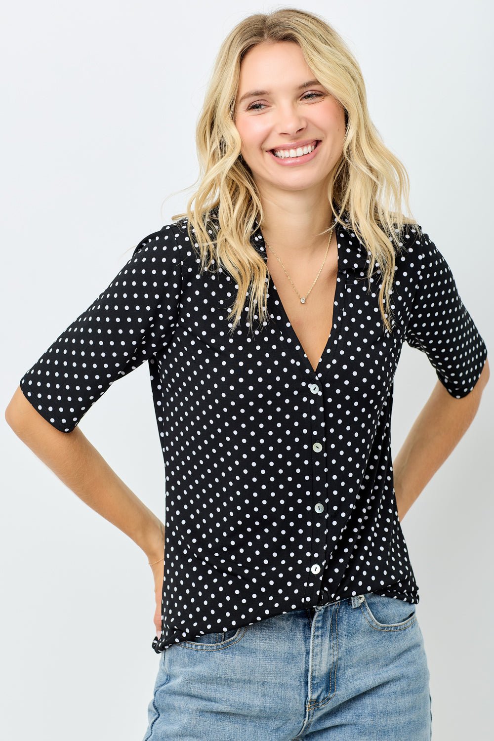 Image of West K Knit Button Front Collared Blouse Black Dot