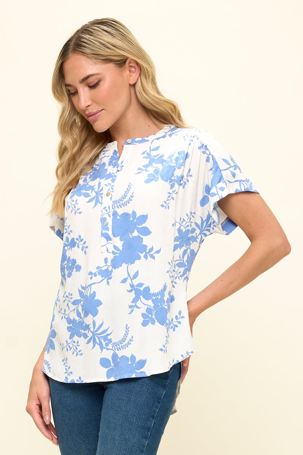 Image of West K Kyla Jacquard Floral Notch Neck Blouse Lt Blue Floral