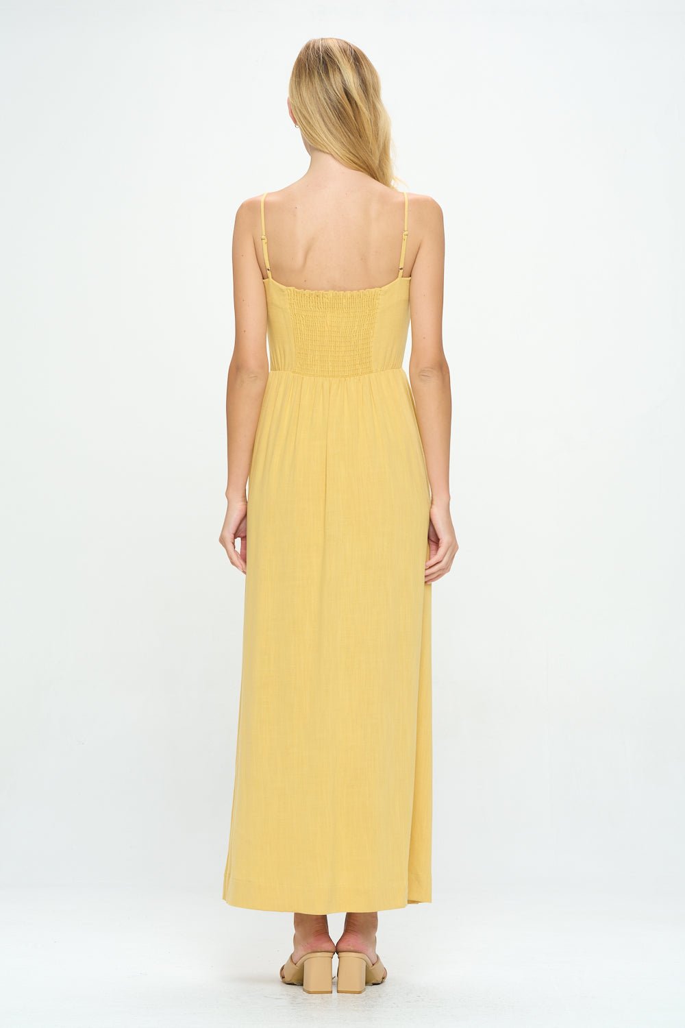 Image of West K Lauren Strappy Smocked - back Linen Dress Lt Yellow