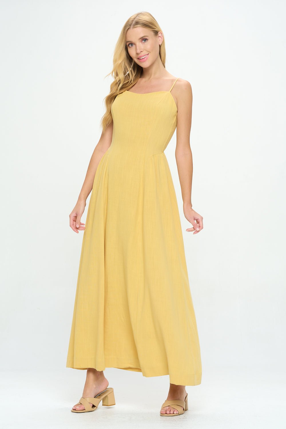 Image of West K Lauren Strappy Smocked - back Linen Dress Lt Yellow