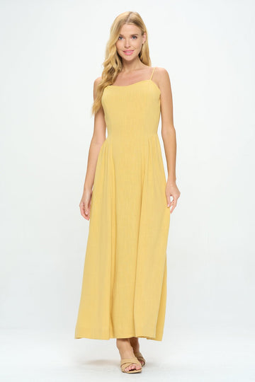 Image of West K Lauren Strappy Smocked - back Linen Dress Lt Yellow