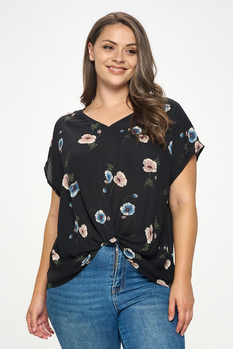 Image of West K Leah Plus Size Short Sleeve Woven Top Black Floral