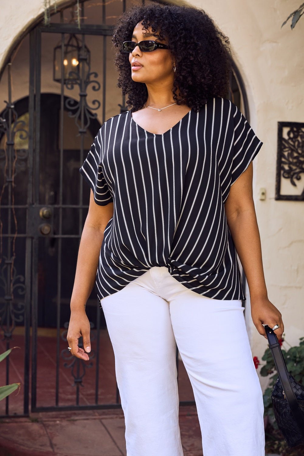 Image of West K Leah Plus Size Short Sleeve Woven Top Black White Stripe