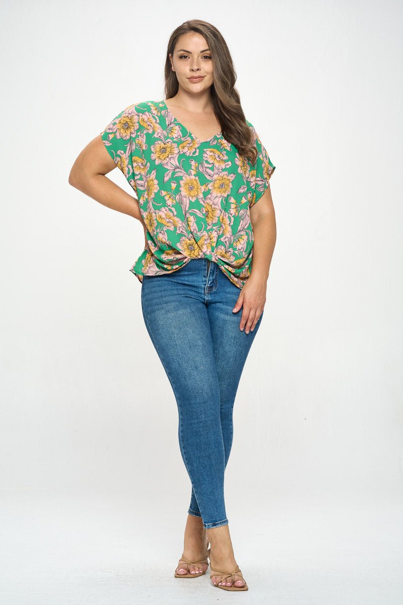 Image of West K Leah Plus Size Short Sleeve Woven Top Green Yellow Floral