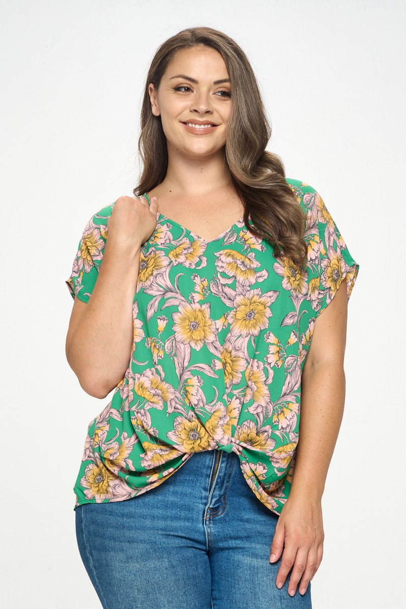 Image of West K Leah Plus Size Short Sleeve Woven Top Green Yellow Floral