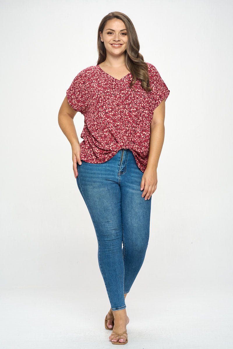 Image of West K Leah Plus Size Short Sleeve Woven Top Magenta Ditzy Floral