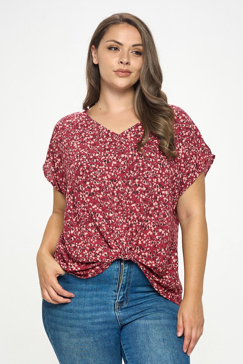 Image of West K Leah Plus Size Short Sleeve Woven Top Magenta Ditzy Floral