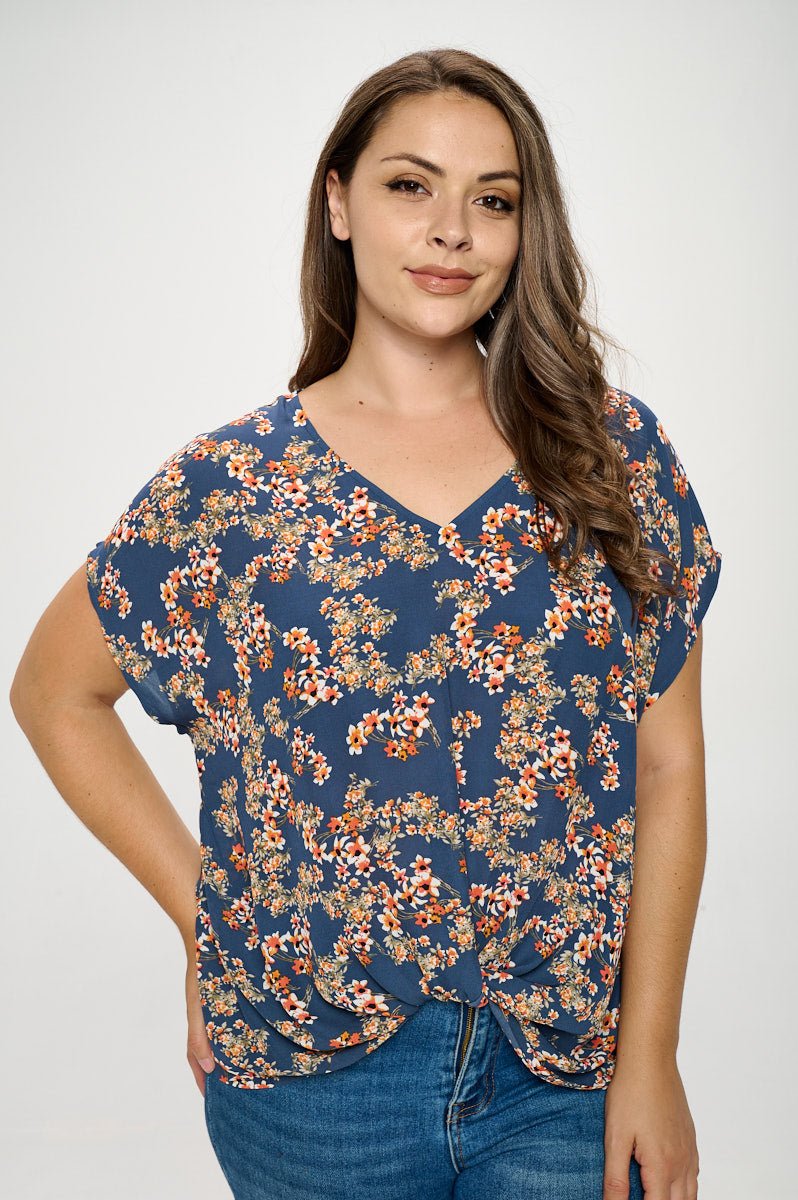 Image of West K Leah Plus Size Short Sleeve Woven Top Steel Blue Daisy