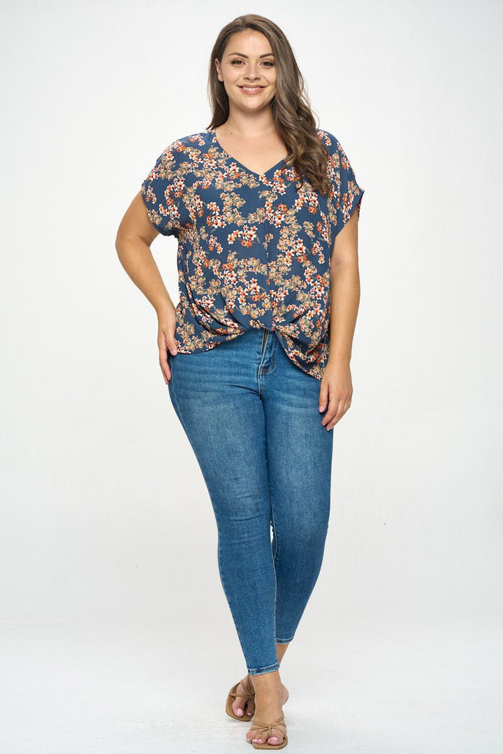 Image of West K Leah Plus Size Short Sleeve Woven Top Steel Blue Daisy