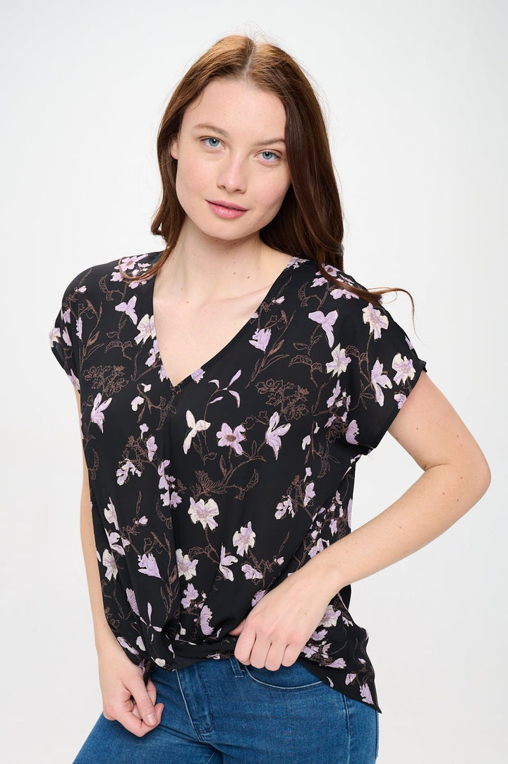 Image of West K Leah Short Sleeve Woven Top Black Purple Floral