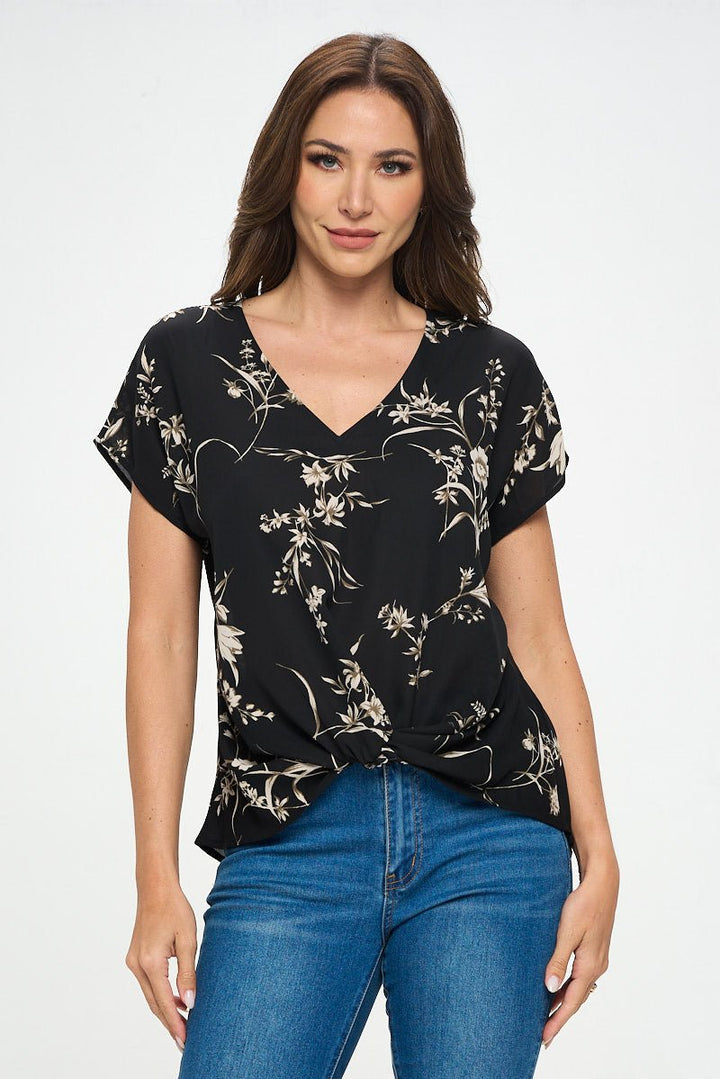 Image of West K Leah Short Sleeve Woven Top Black Tan Floral