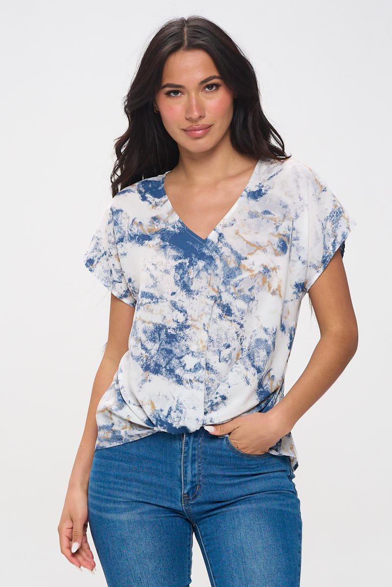 Image of West K Leah Short Sleeve Woven Top Blue Abstract